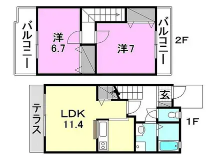 オーク・ヒル(2LDK/2階)の間取り写真