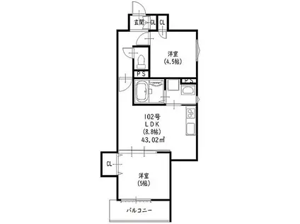 クリエオーレ一津屋I(2LDK/1階)の間取り写真