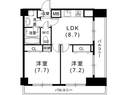ロイヤルヒル神戸三ノ宮II(2LDK/12階)の間取り写真