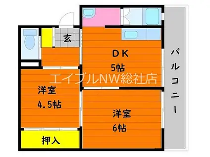 井原鉄道 川辺宿駅 徒歩18分 5階建 築53年(2K/3階)の間取り写真