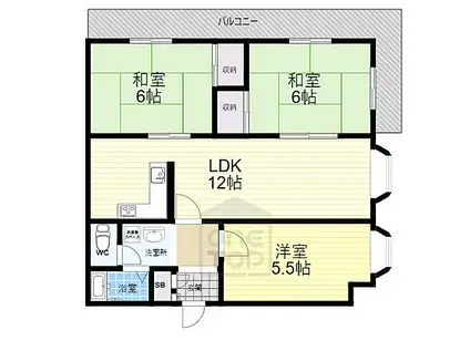 JR東海道・山陽本線 茨木駅 バス乗車時間：11分 東雲運動広場バス停で下車 徒歩2分 3階建 築38年(3LDK/2階)の間取り写真