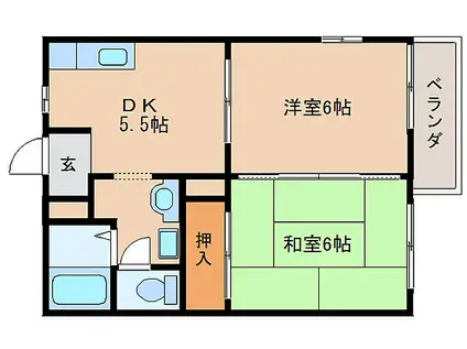 近鉄橿原線 九条駅(奈良) 徒歩8分 2階建 築26年(2DK/2階)の間取り写真