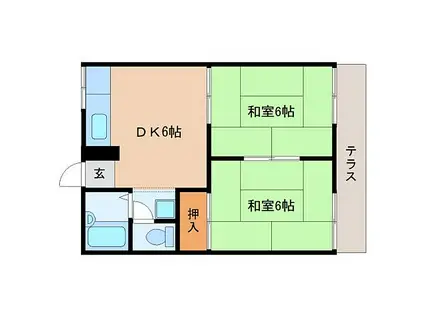 近鉄生駒線 竜田川駅 徒歩2分 2階建 築34年(2DK/1階)の間取り写真