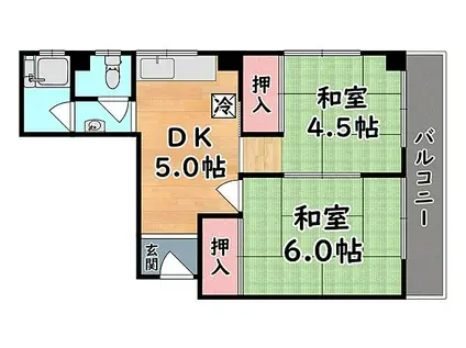 阪神本線 西灘駅 徒歩1分 6階建 築51年(2DK/5階)の間取り写真
