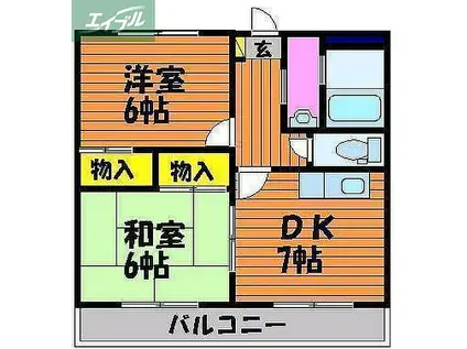 JR宇野線 大元駅 徒歩10分 3階建 築30年(2DK/1階)の間取り写真