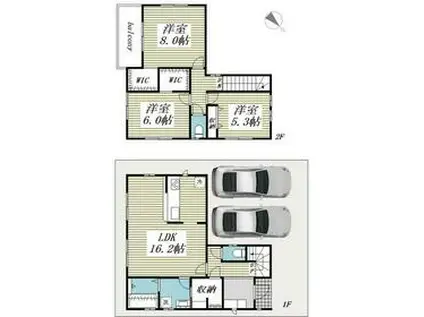 東武鉄道東上線 若葉駅 徒歩16分 2階建 築3年(3LDK)の間取り写真
