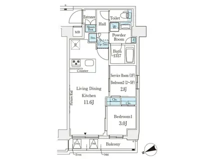 アジールコート山手動坂(2LDK/3階)の間取り写真