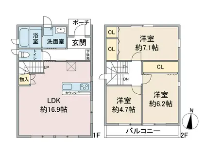 名古屋市鶴舞線 上小田井駅 徒歩17分 2階建 築1年(3LDK)の間取り写真