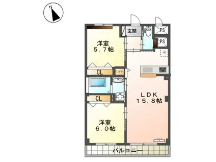 新宮町下府マンション(2LDK/4階)の間取り写真