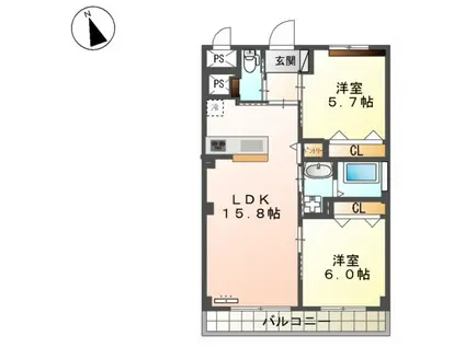 新宮町下府マンション(2LDK/5階)の間取り写真