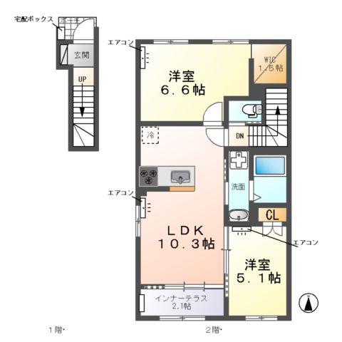 ウエストビレッヂⅠ(2LDK/2階)の間取り写真