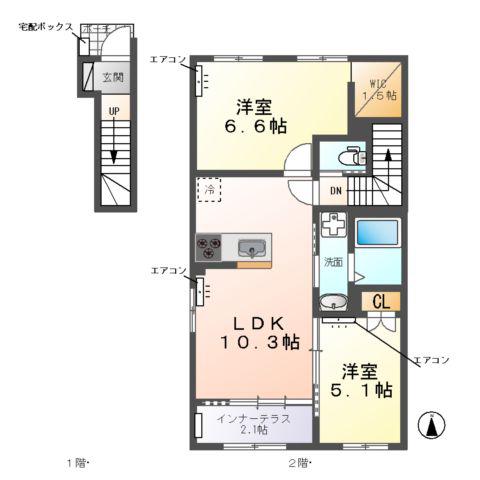 ウエストビレッヂⅡ(2LDK/2階)の間取り写真