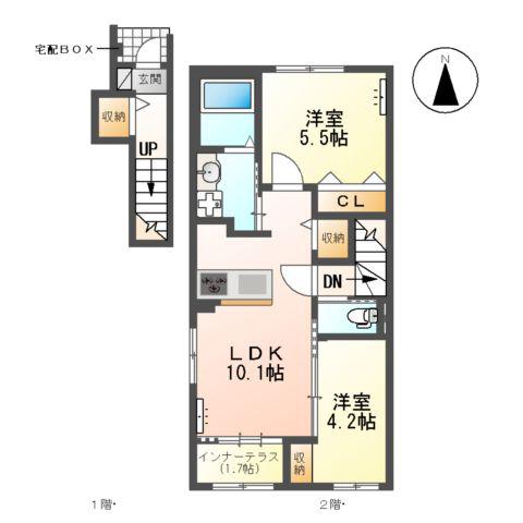 犬山市裏之門アパート(2LDK/2階)の間取り写真