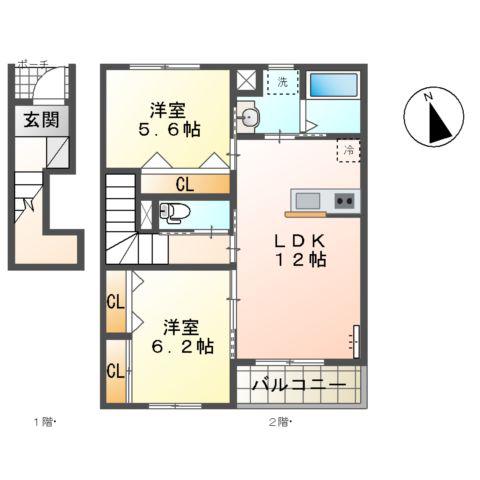 CHAMPAGNE RI・SHI・YA(2LDK/2階)の間取り写真