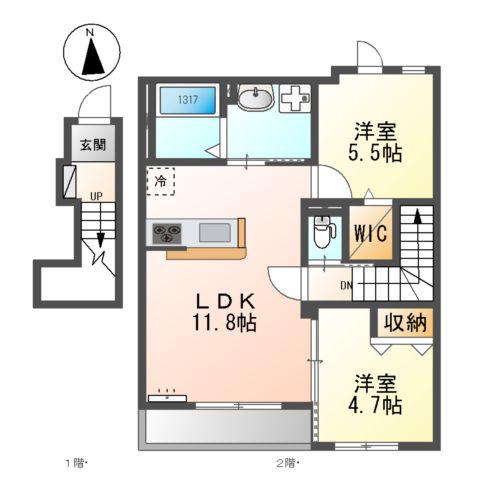 シャンペトル(2LDK/2階)の間取り写真
