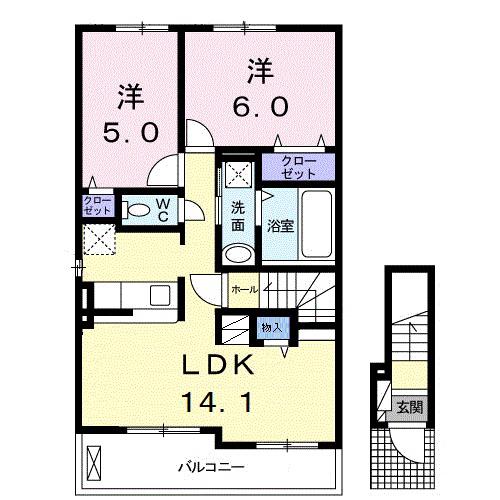 ノースサイドB(2LDK/2階)の間取り写真