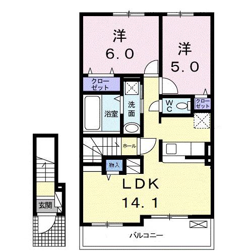 ノースサイドB(2LDK/2階)の間取り写真