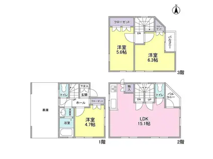 東急田園都市線 三軒茶屋駅 徒歩14分 3階建 築27年(3LDK)の間取り写真