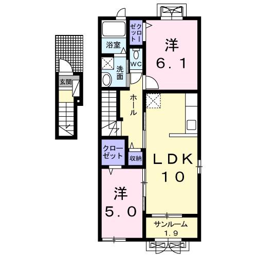 プラシードパラッツォⅠ棟(2LDK/2階)の間取り写真