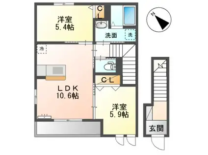 ボンヌール(2LDK/2階)の間取り写真