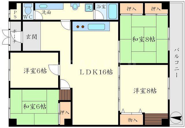 大阪モノレール彩都 豊川駅(大阪) 徒歩10分 5階建 築38年(4LDK/2階)の間取り写真