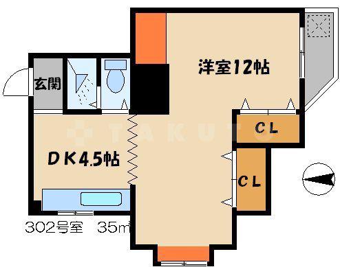 コムズスクエア本町(1DK/3階)の間取り写真