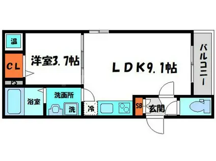 GRANDIR古川橋(1LDK/3階)の間取り写真
