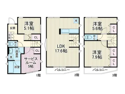京浜東北・根岸線 与野駅 徒歩14分 3階建 築1年(3SLDK)の間取り写真