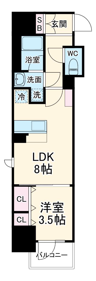 レジュールアッシュ谷町四丁目グランクラス(1LDK/9階)の間取り写真