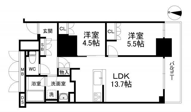 プレミストタワー靱本町(2LDK/4階)の間取り写真