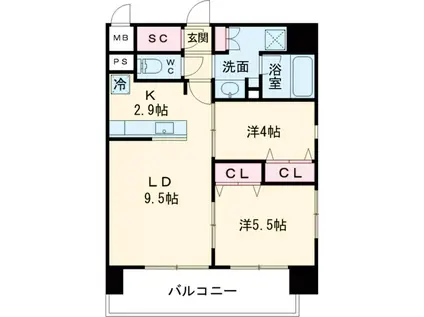 ブランシエスタ千早RJR(2LDK/4階)の間取り写真