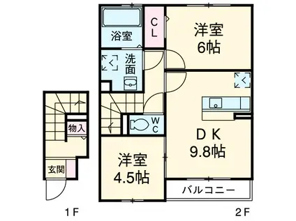 グローリアコートC(2DK/2階)の間取り写真