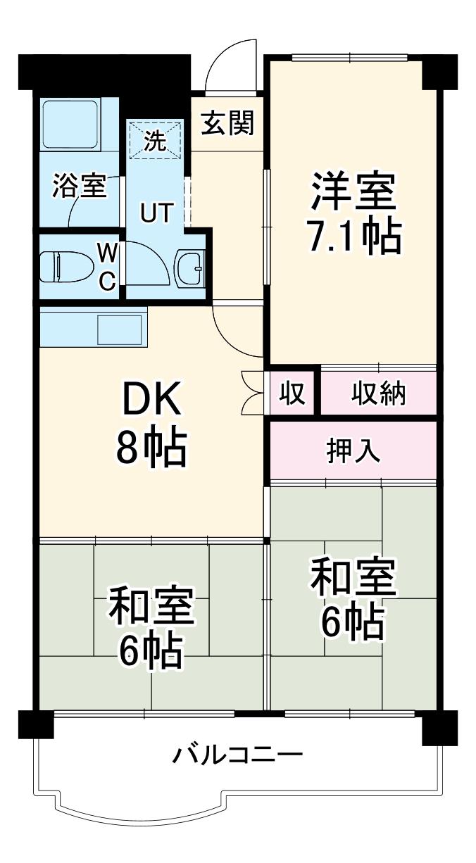名鉄名古屋本線 二ツ杁駅 徒歩5分 8階建 築43年(3DK/3階)の間取り写真