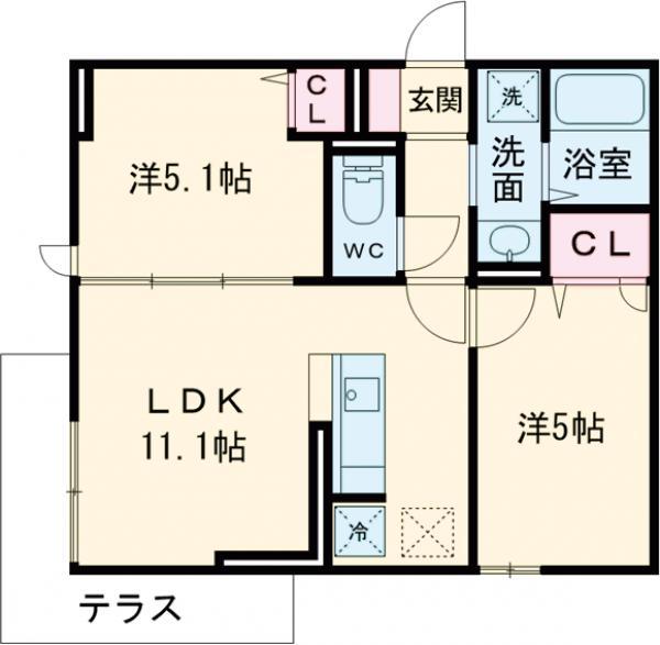 カサベルテ鹿骨(2LDK/1階)の間取り写真