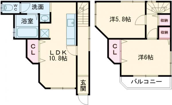 東京都新宿線 船堀駅 徒歩10分 2階建 築46年(2LDK)の間取り写真