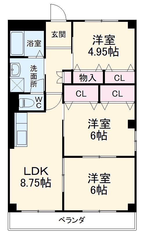 サンパレス緑ヶ丘B(3LDK/1階)の間取り写真
