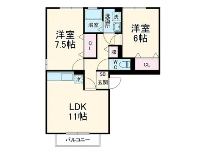 ソフィア・パーク B棟(2LDK/1階)の間取り写真