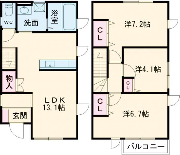 日光線 鶴田駅 徒歩9分 2階建 築1年(3SLK)の間取り写真