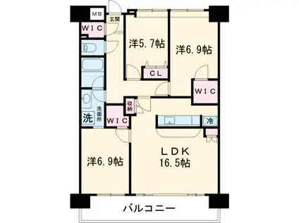 ポレスターブロードシティ真岡(3LDK/11階)の間取り写真