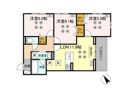D-KISARIA WⅡ(3LDK/3階)の間取り写真