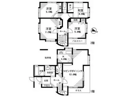 東急池上線 洗足池駅 徒歩5分 2階建 築30年(4LDK)の間取り写真