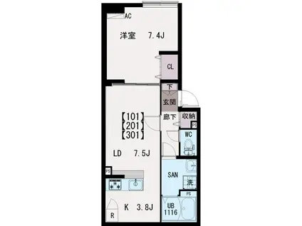 イクシオ羽沢(1LDK/2階)の間取り写真