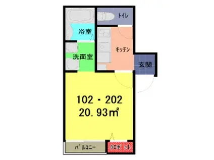 グランピア一ノ割(1K/2階)の間取り写真