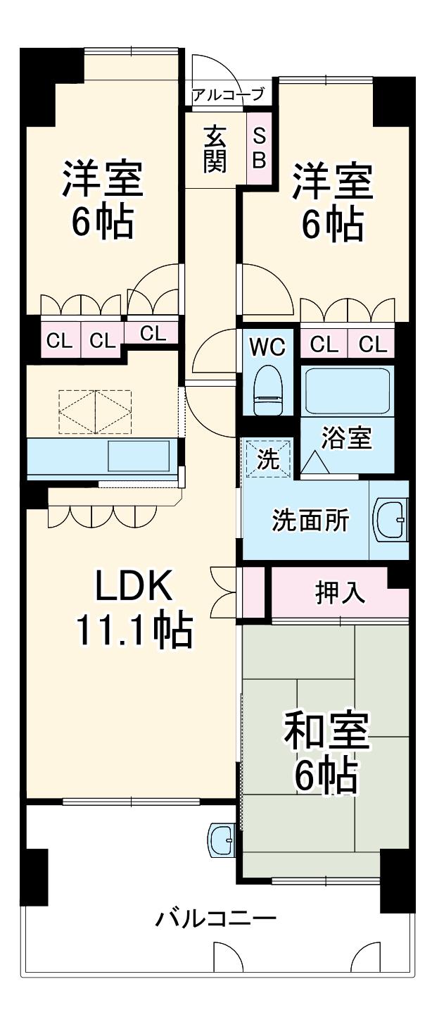 サーパス草薙運動場前(3LDK/8階)の間取り写真