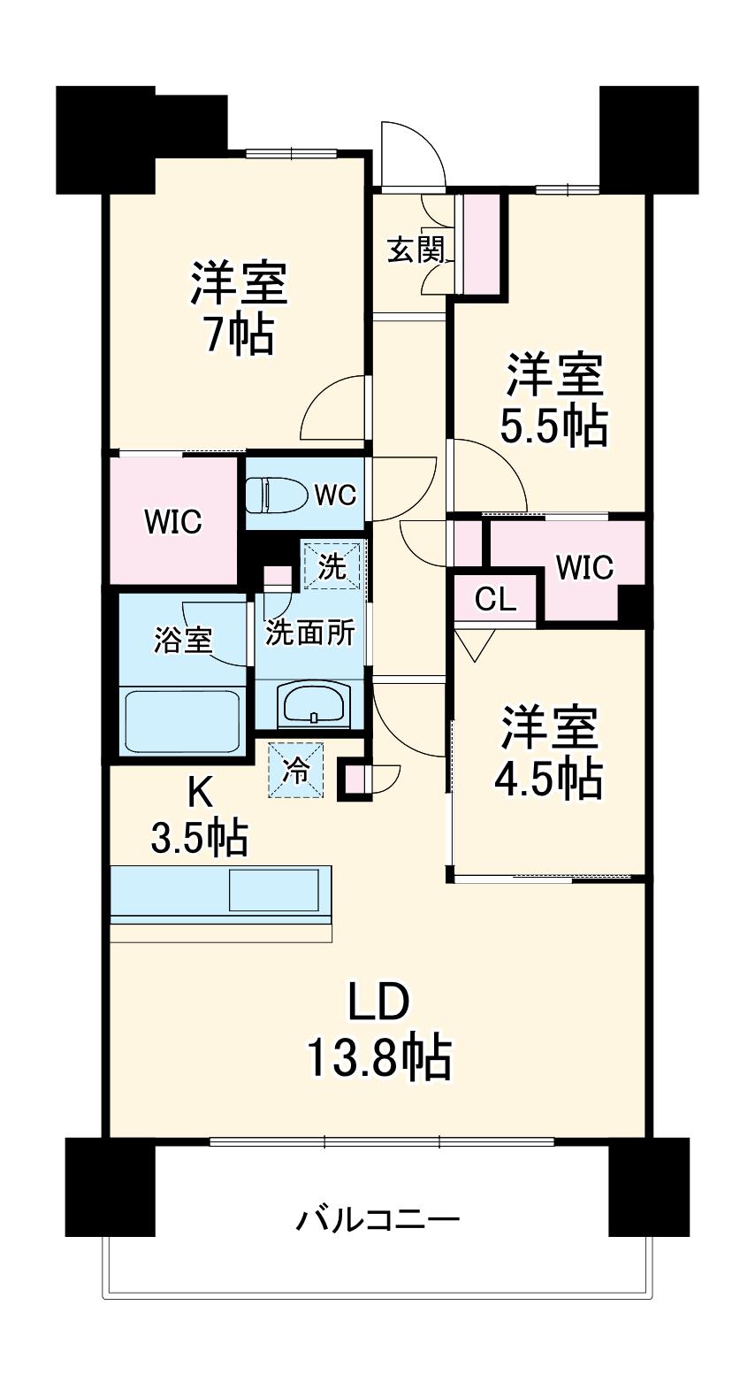 レーベン甲府中央(3LDK/11階)の間取り写真