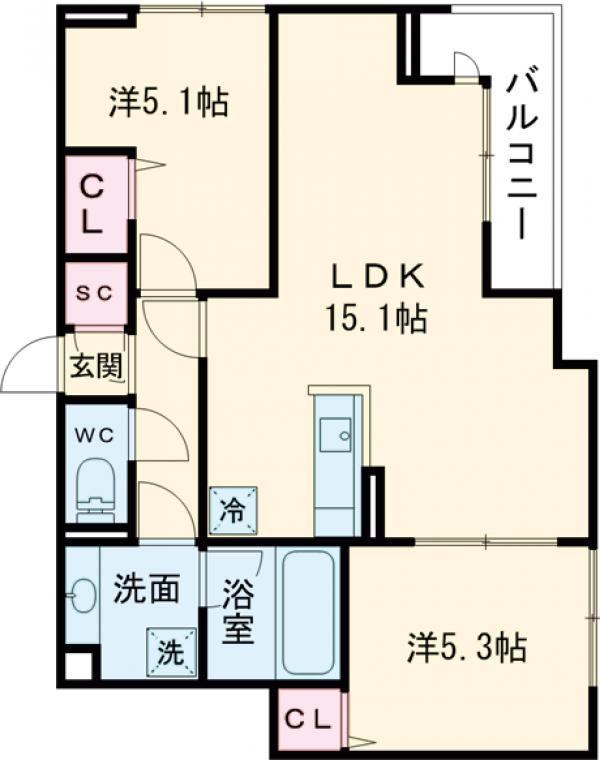 セレスティア船橋Ⅱ(2LDK/2階)の間取り写真