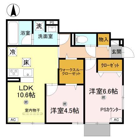 アレ・デ・フルール西向日駅前 B棟(2LDK/1階)の間取り写真