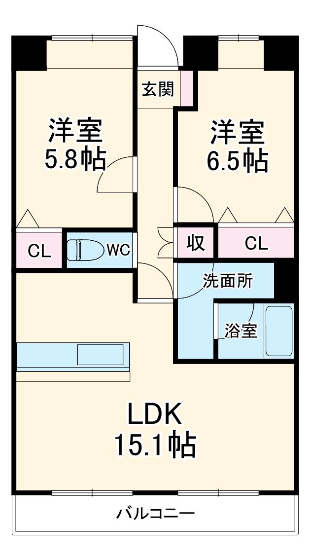 名鉄犬山線 柏森駅 徒歩6分 3階建 築21年(2LDK/1階)の間取り写真