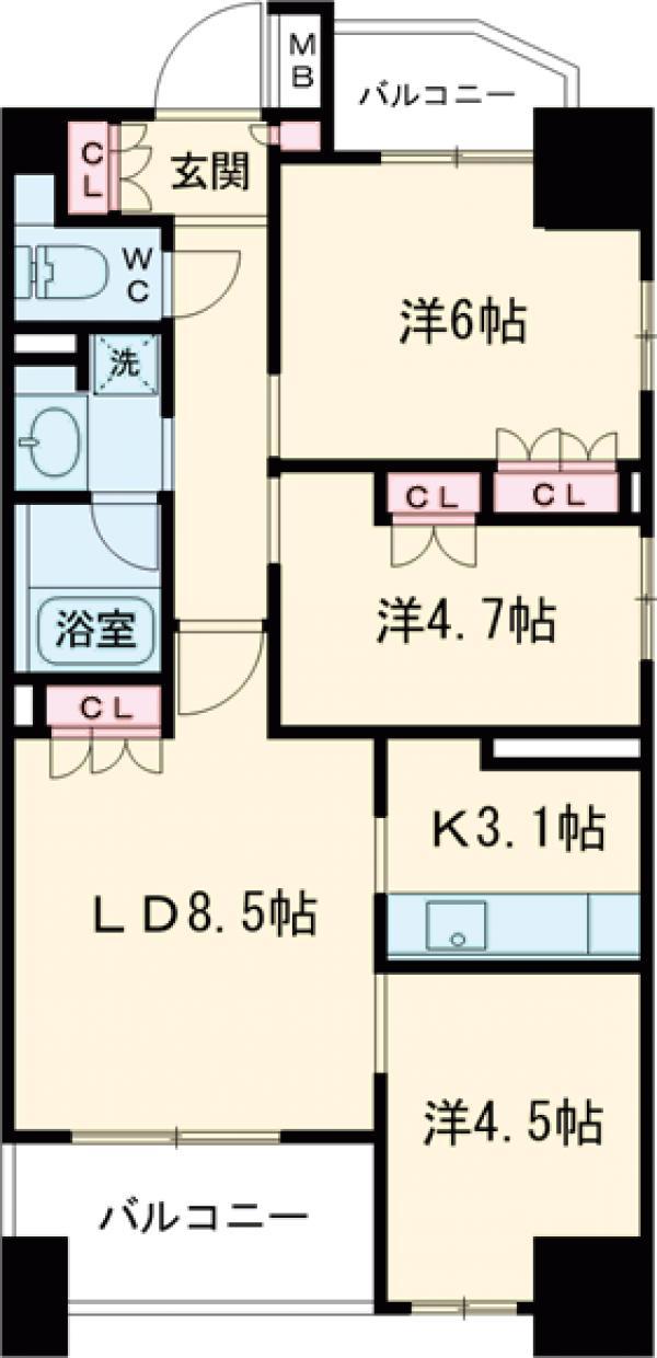 パークキューブ京王八王子Ⅱ(3LDK/2階)の間取り写真