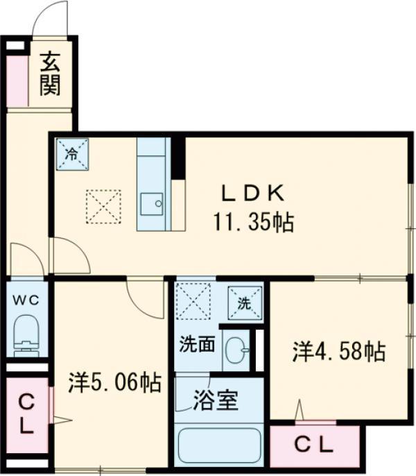 国立市谷保4丁目PJ A棟(2LDK/1階)の間取り写真